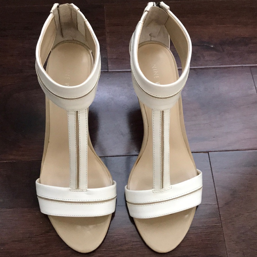 Nude and White Nine West Kitten Heels